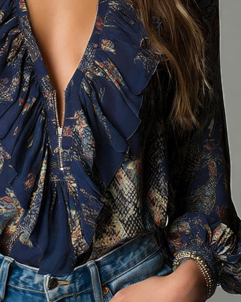 Blouse Profond V Volant Imprimé Élégant