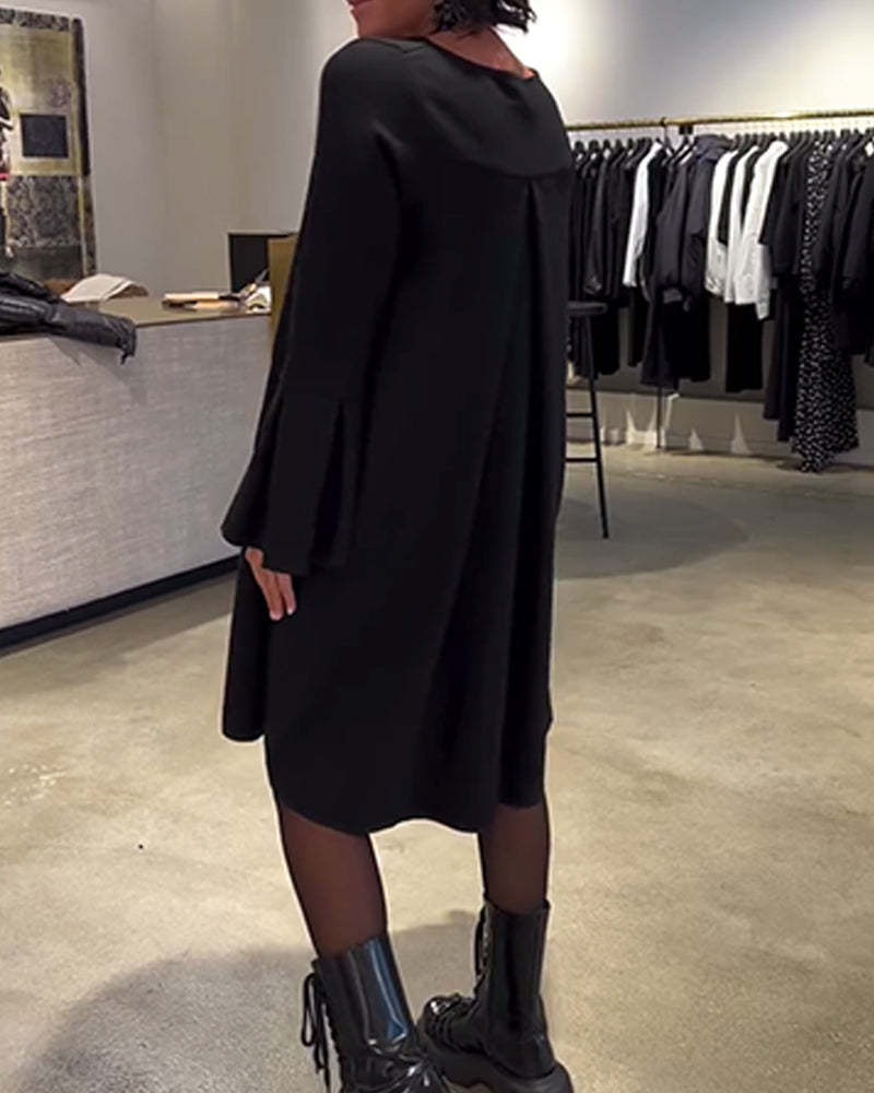 Robe Uni Manche Évasée Froncé