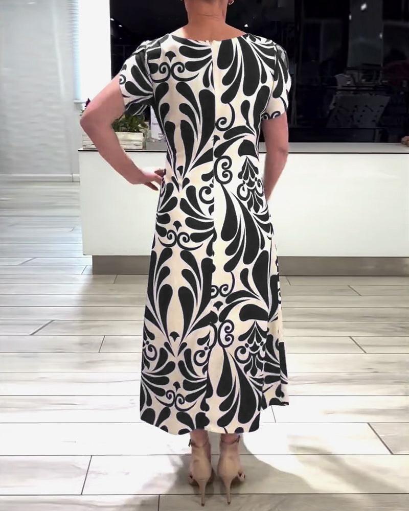 Robe élégante à manches courtes et imprimé contrasté