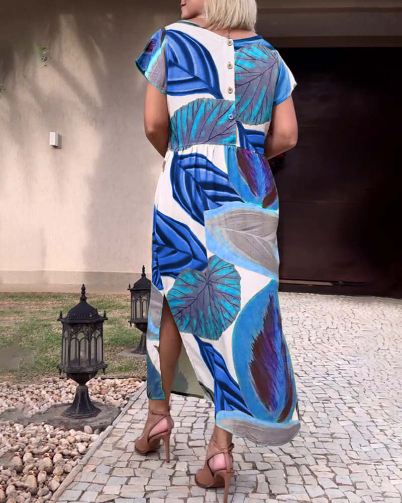 Robe fendue à manches courtes et imprimé feuilles