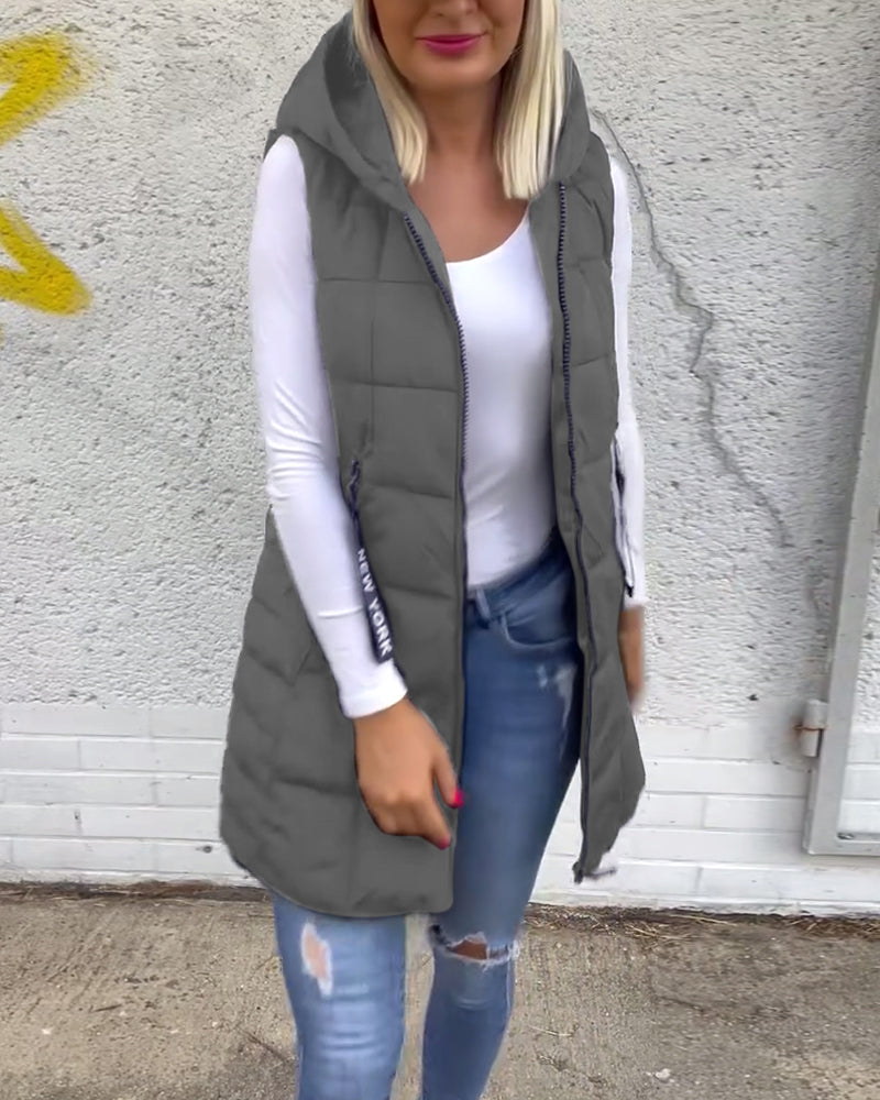 Manteau matelassé sans manches à capuche et fermeture éclair