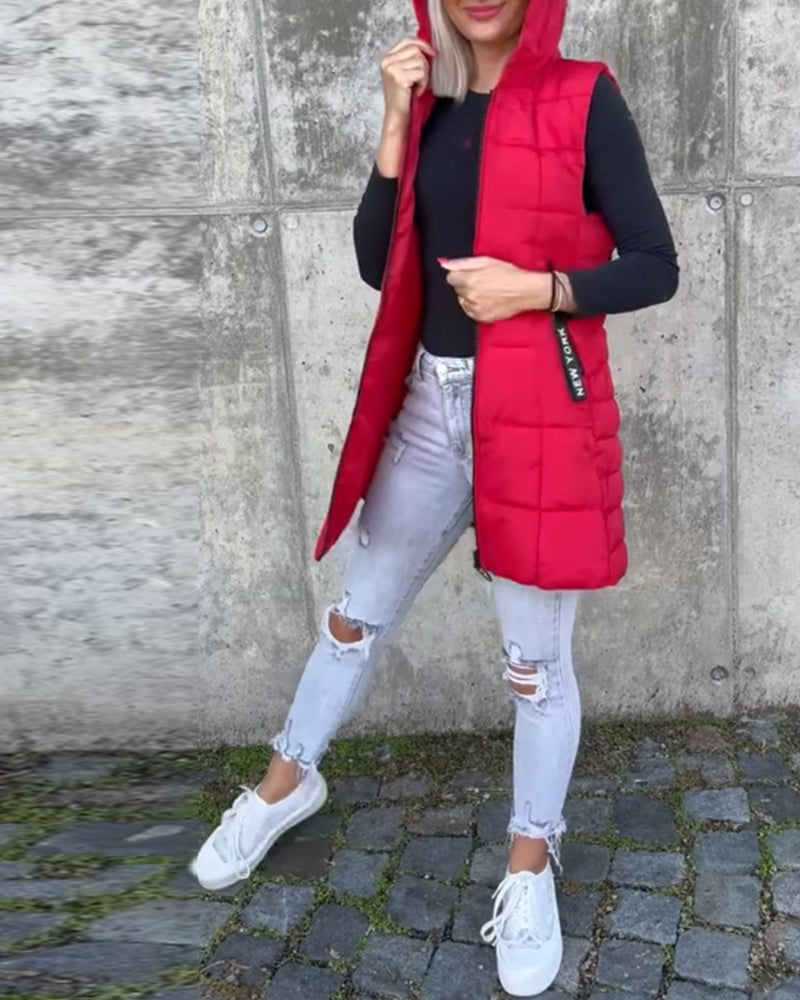Manteau matelassé sans manches à capuche et fermeture éclair