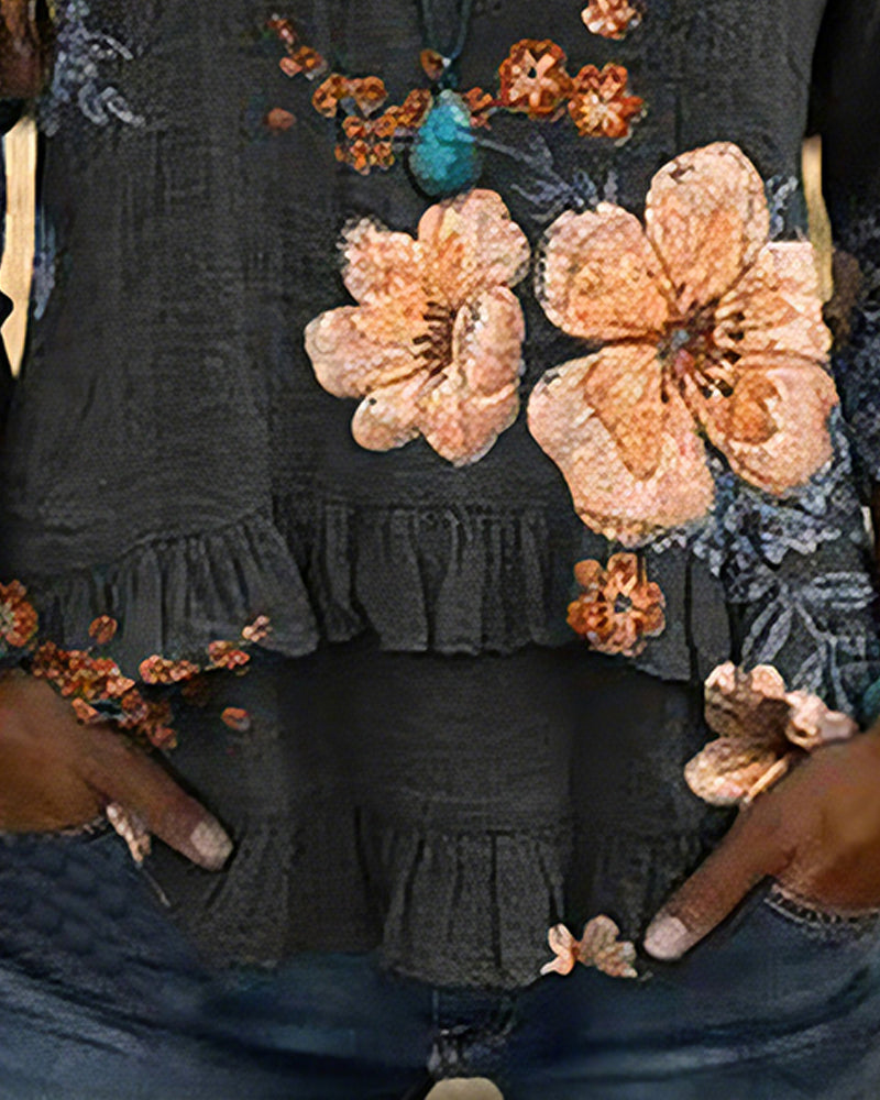 Blouse Col En V Vintage Fleuri Coupe Loose