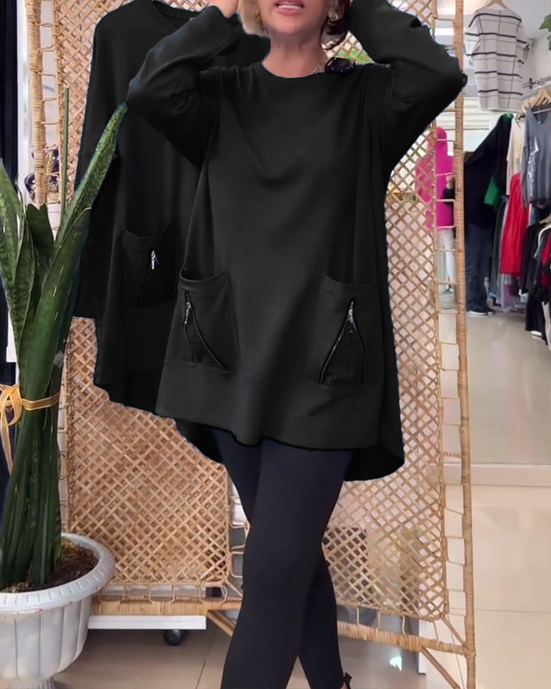 Sweat col rond couleur unie poche zippée