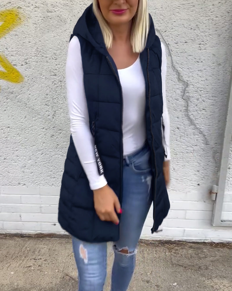 Manteau matelassé sans manches à capuche et fermeture éclair