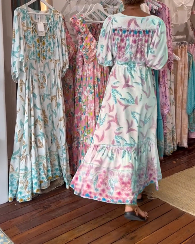 Robe longue femme col V imprimé feuilles