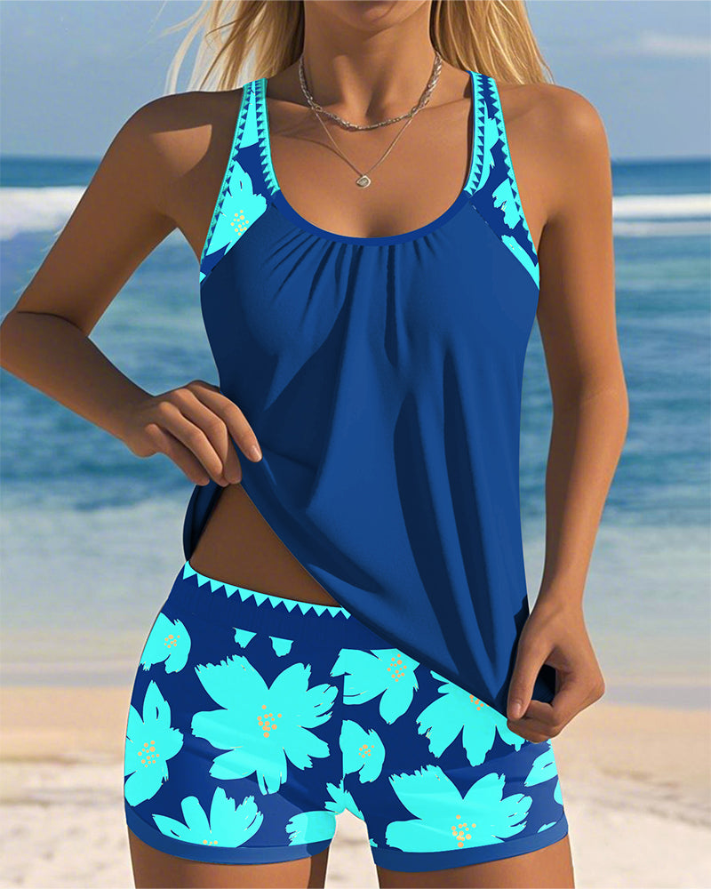 Tankini Décolleté En U Sans Manches Imprimé Boxer