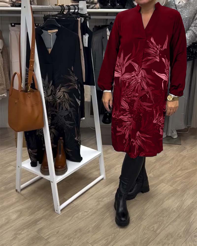 Robe Col V Imprimé Feuilles Manches Longues
