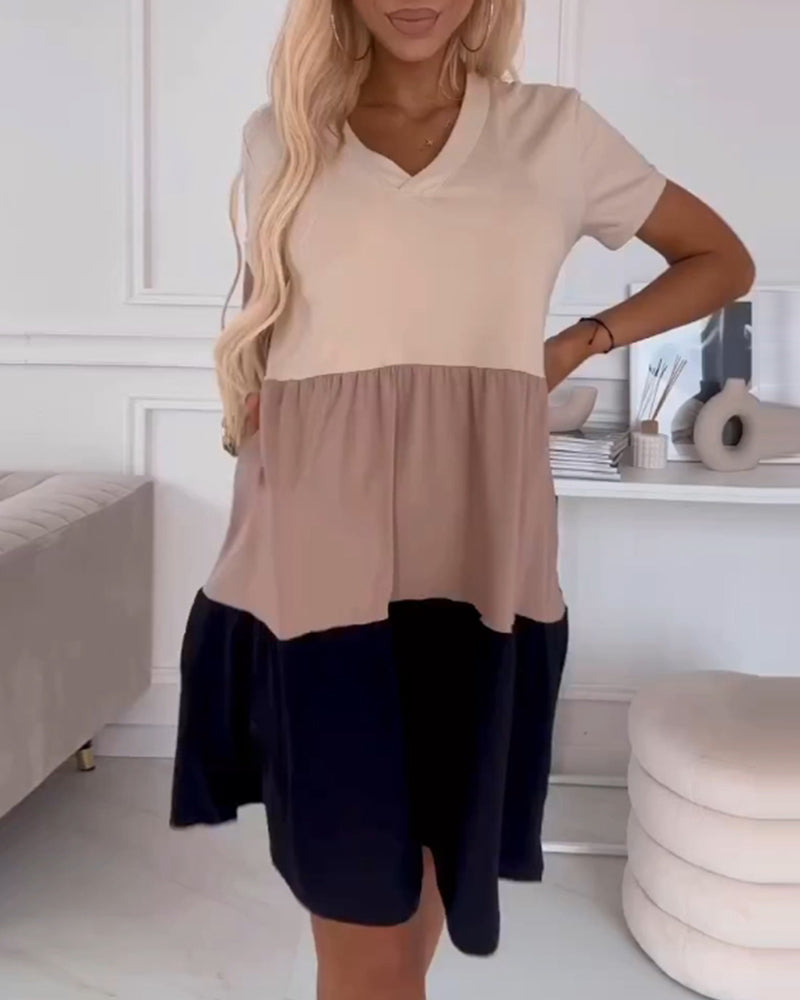 Robe décontractée à manches courtes bloc de couleur