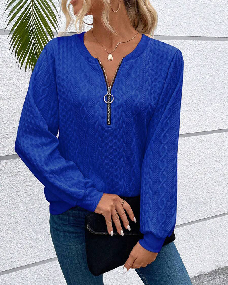 Sweat-shirt décontracté à manches longues et fermeture éclair de couleur unie