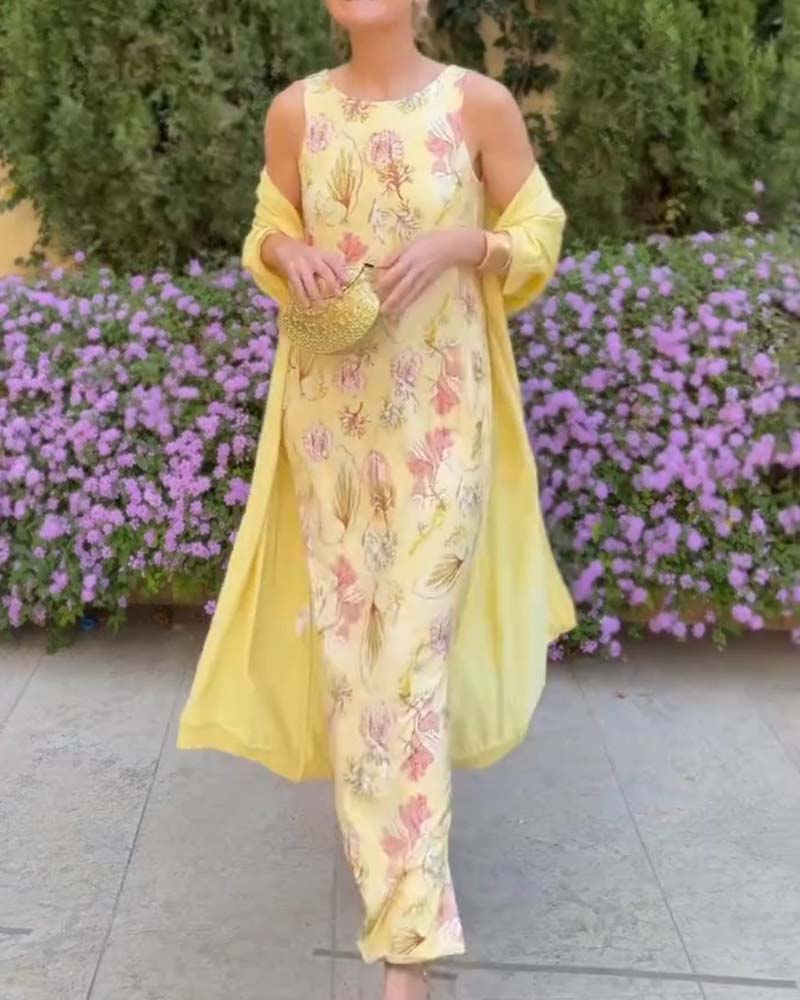 Ensemble Sans Manches Robe Maxi + Cardigan Assorti