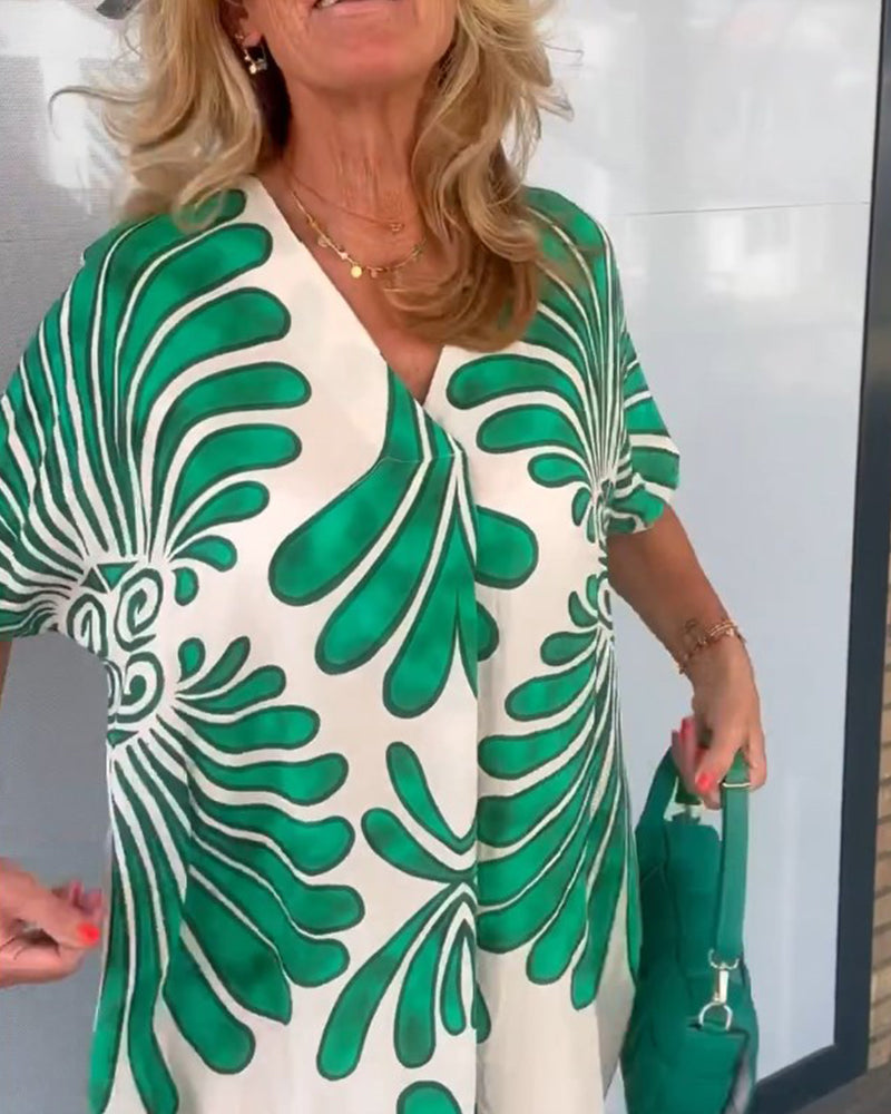 Robe col V imprimé feuilles