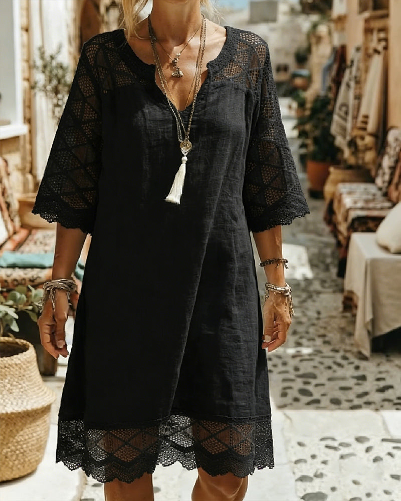 Robe Col V Dentelle Patchwork Décontractée