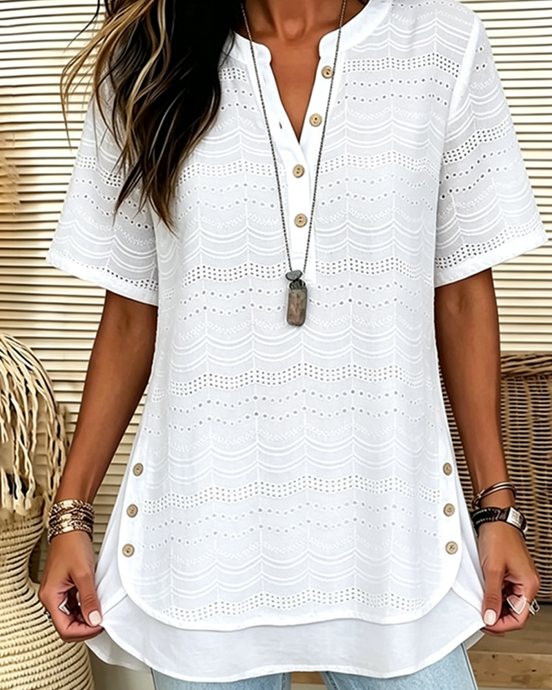 Blouse Unie Col V Bouton Évidé Haut