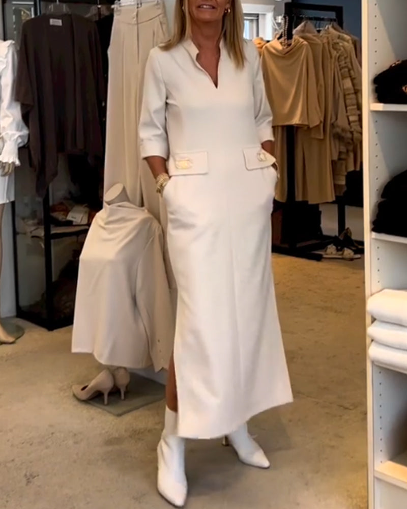 Robe fendue à manches 3/4 de couleur unie