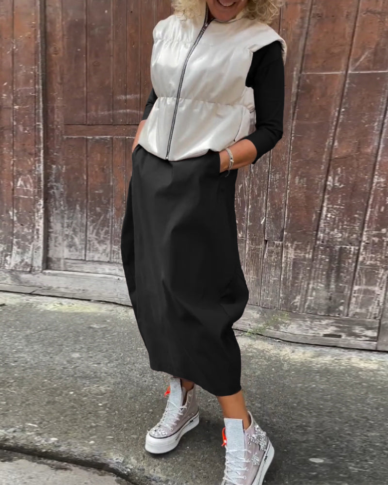 Robe élégante simple à manches longues avec poche de couleur unie