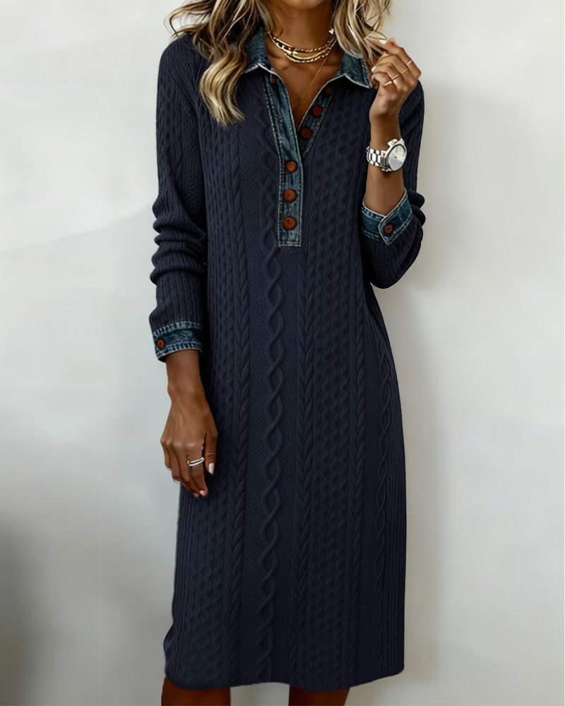 Robe À Col En Jean, Motif Torsadé Et Patchwork