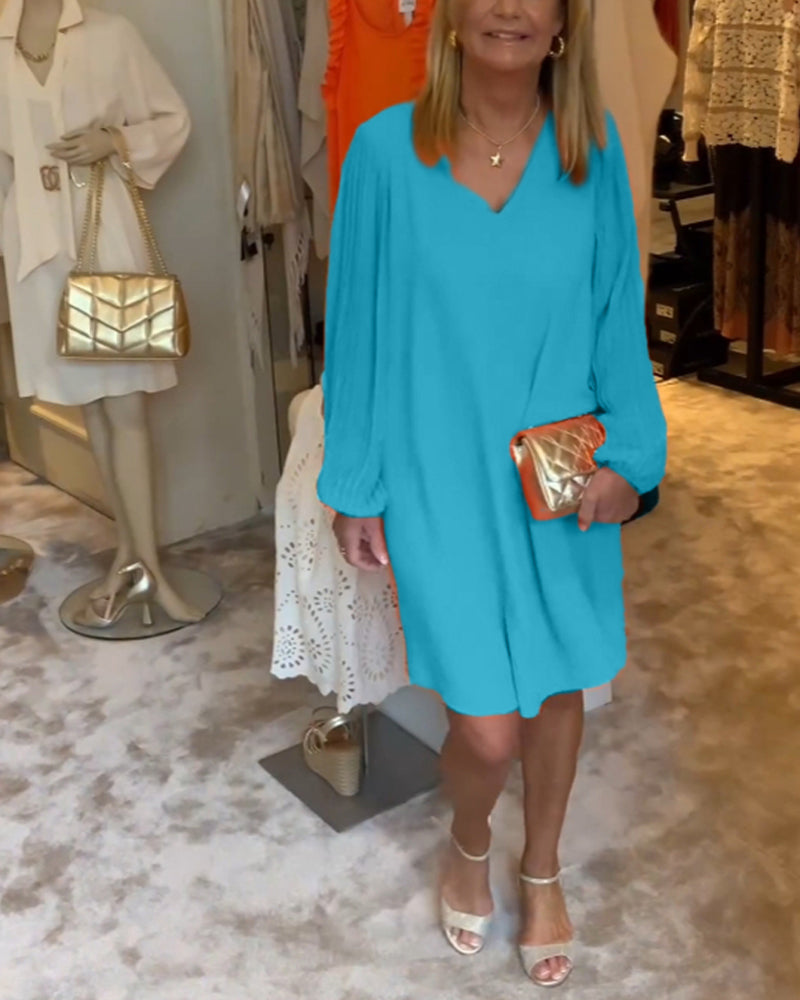 Robe col en V à manches lanternes de couleur unie