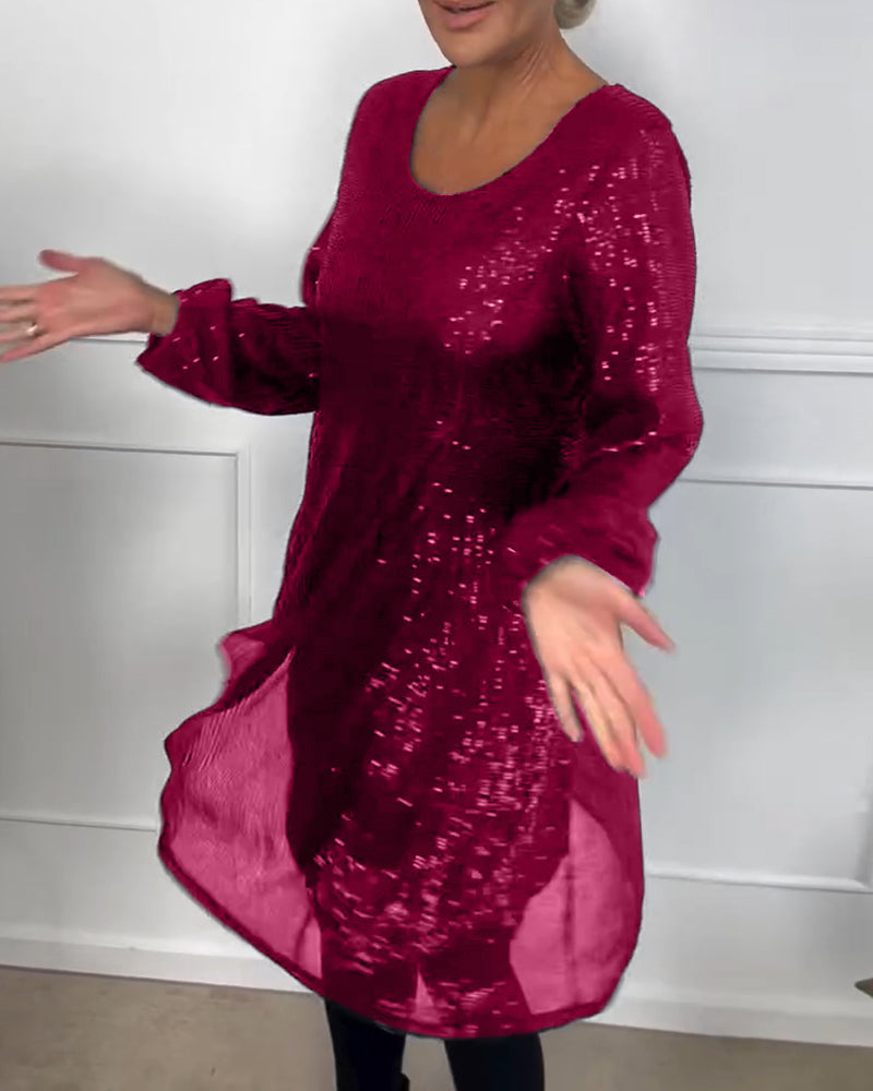 Robe trapèze élégante à manches lanternes et paillettes