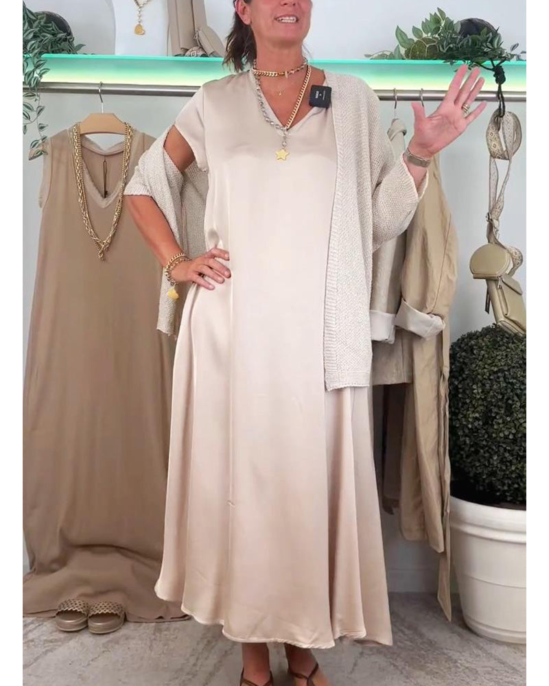 Robe décontractée de couleur unie avec poche et col en V