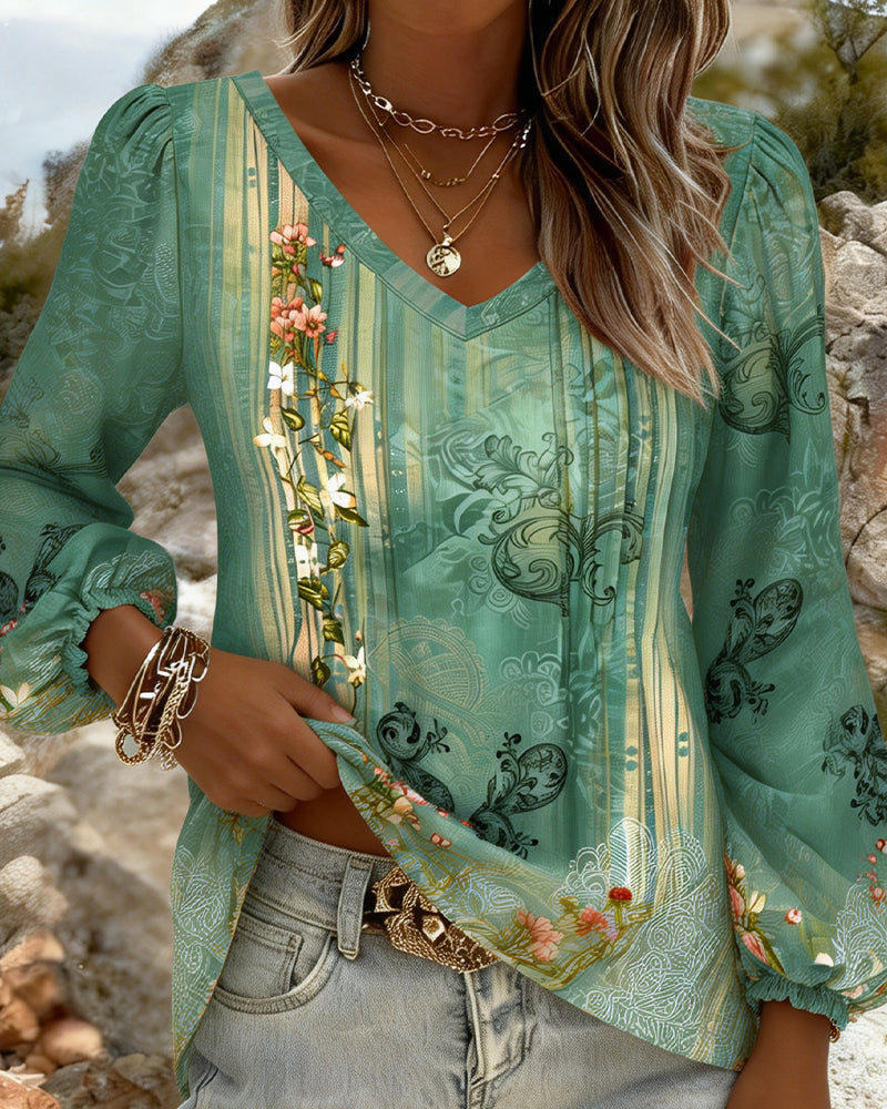 Blouse Fleurie Col V Manches Bouffantes