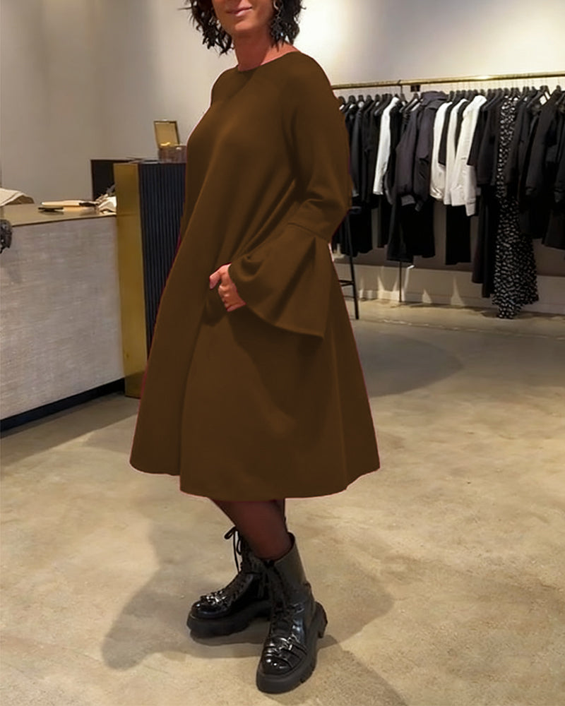 Robe Uni Manche Évasée Froncé