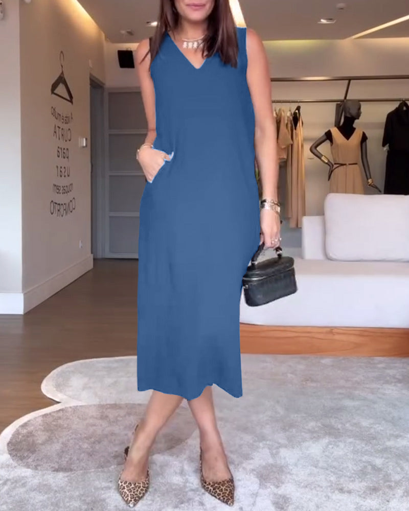 robe décontractée col en V sans manches couleur unie fendue