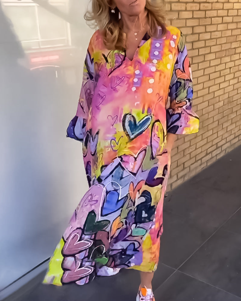 Robe à col en V à imprimé cœur avec manches longues