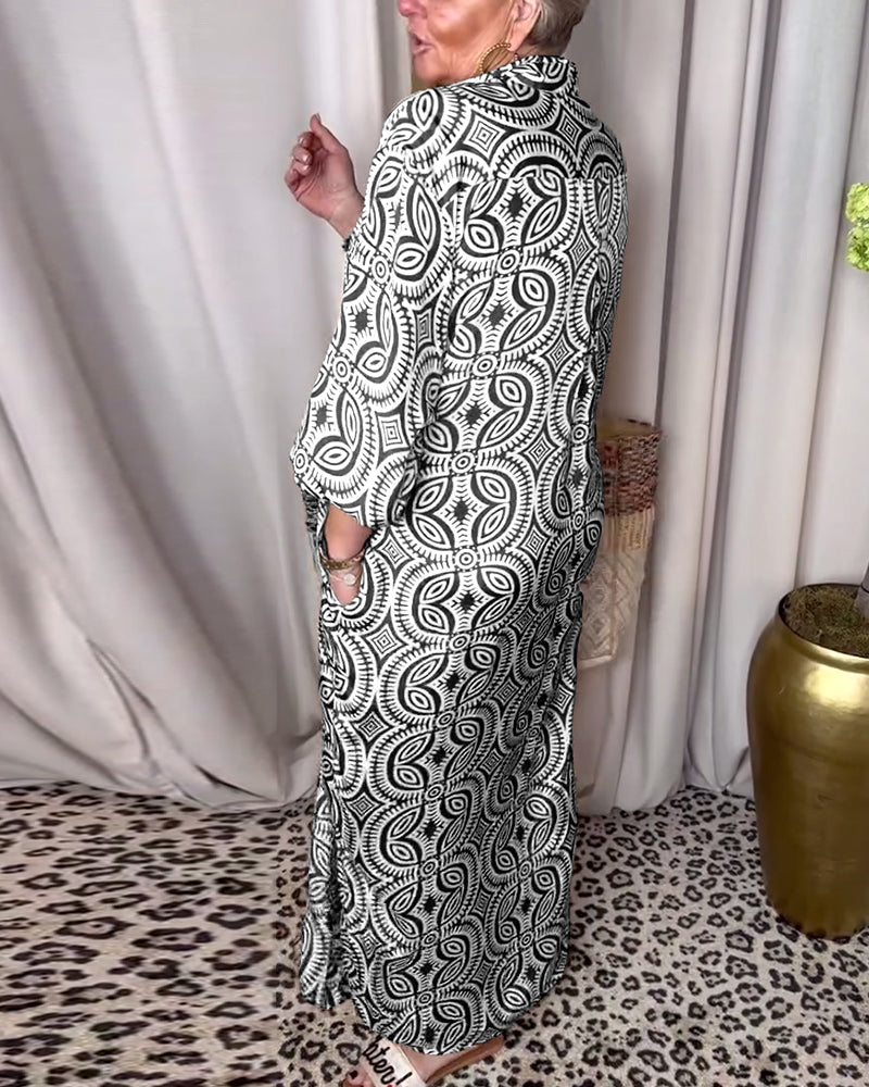 Robe longue imprimée vintage avec poche à revers