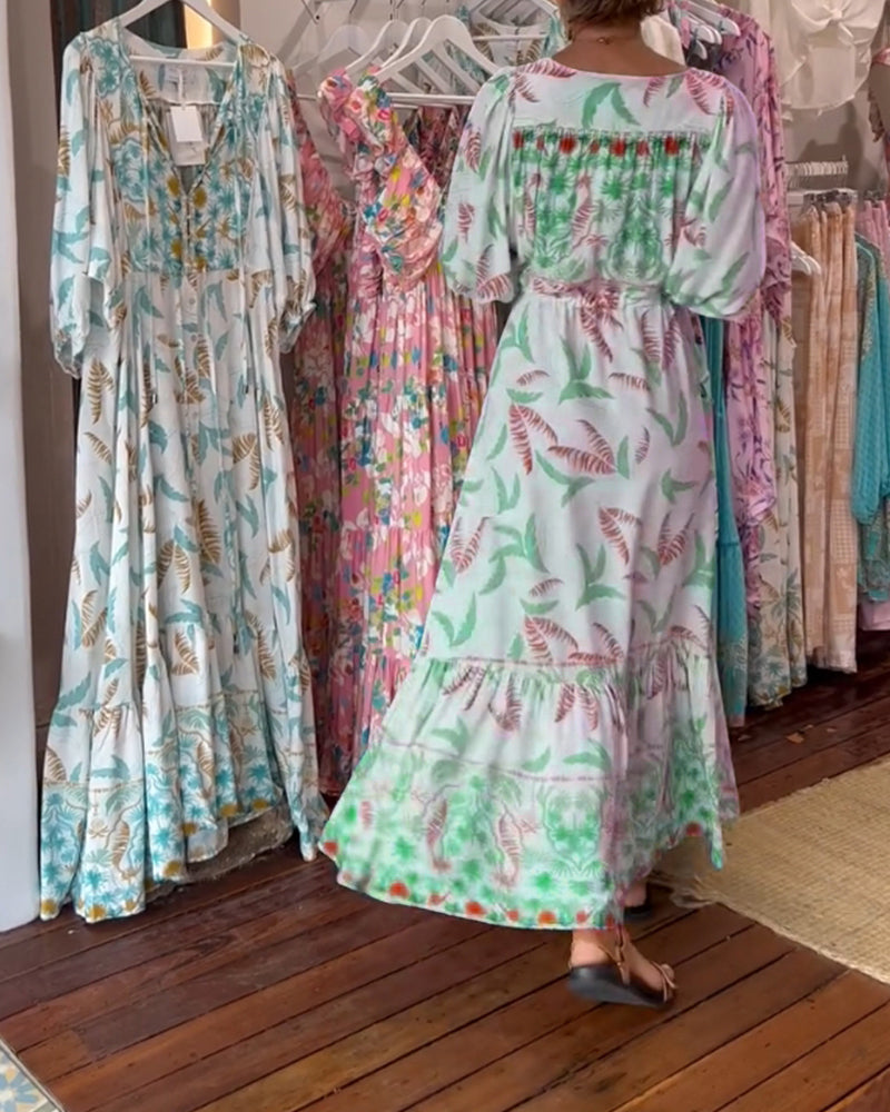 Robe longue femme col V imprimé feuilles