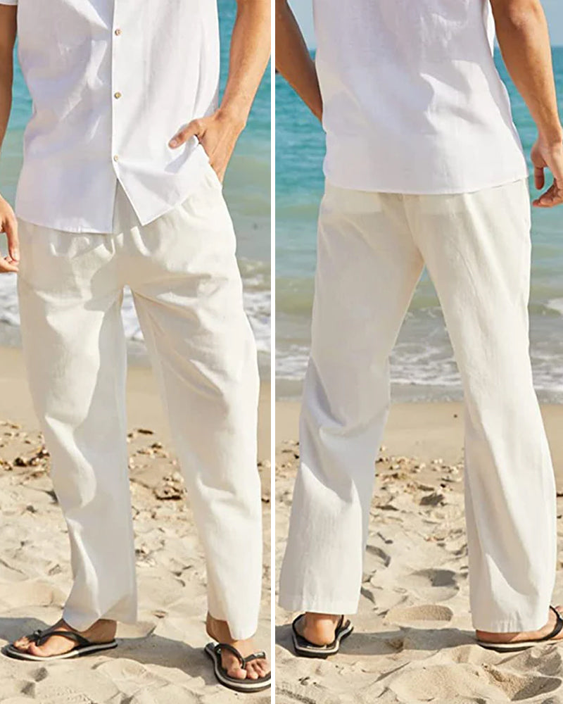 Pantalon de couleur unie respirant en coton lin
