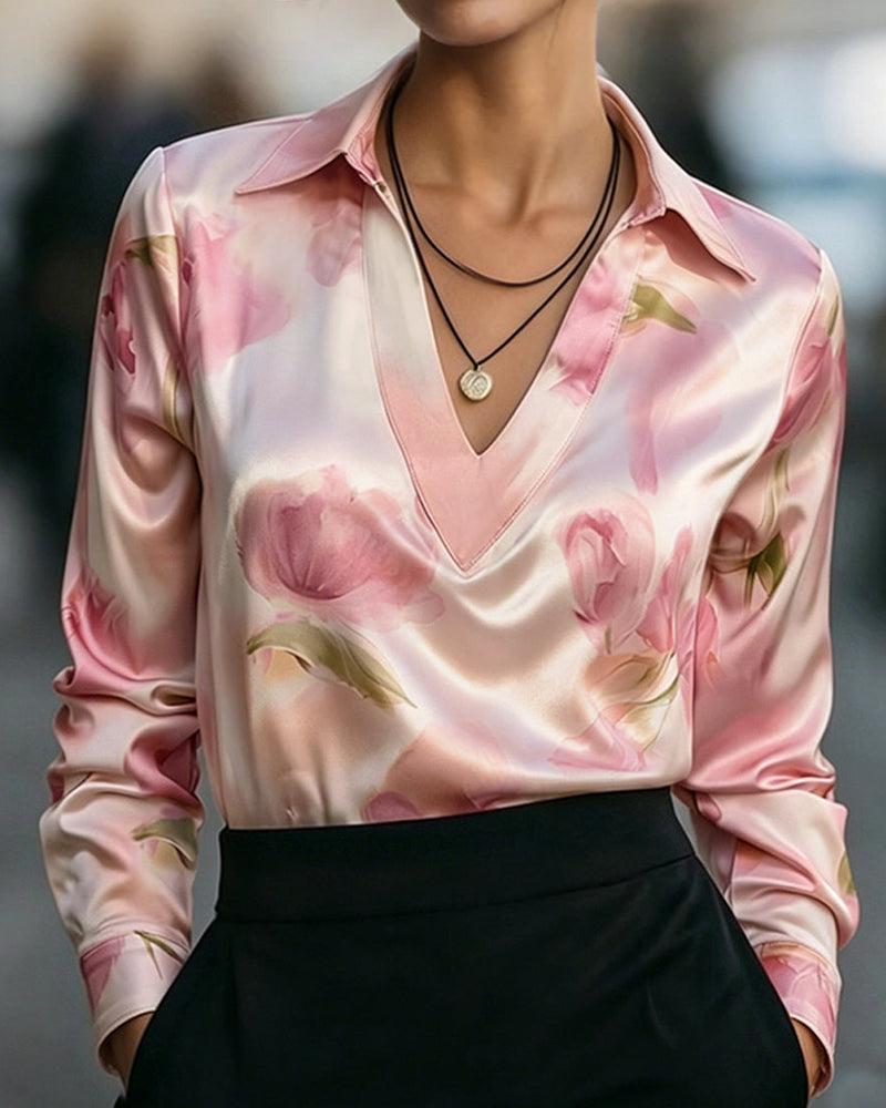 Blouse Revers Col En V Imprimé Fleuri Manches Longues