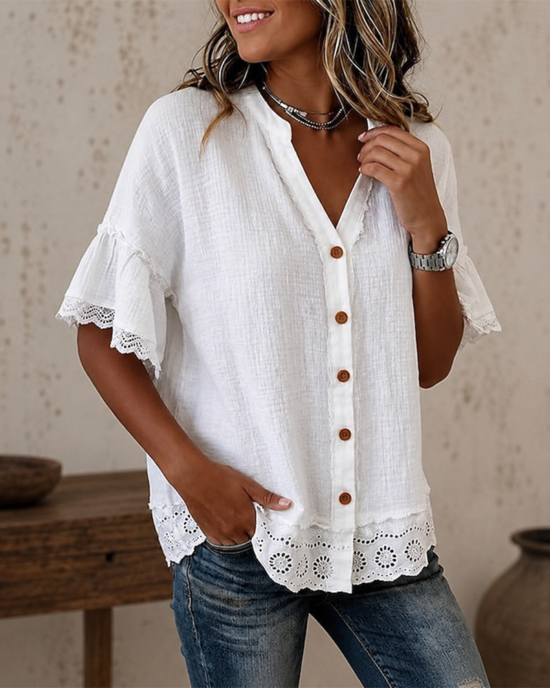 Blouse Col V Dentelle Patchwork Bouton