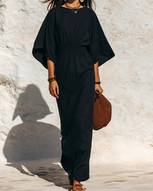 Robe Évasée Manches Chauve-Souris Taille Cintrée Longue