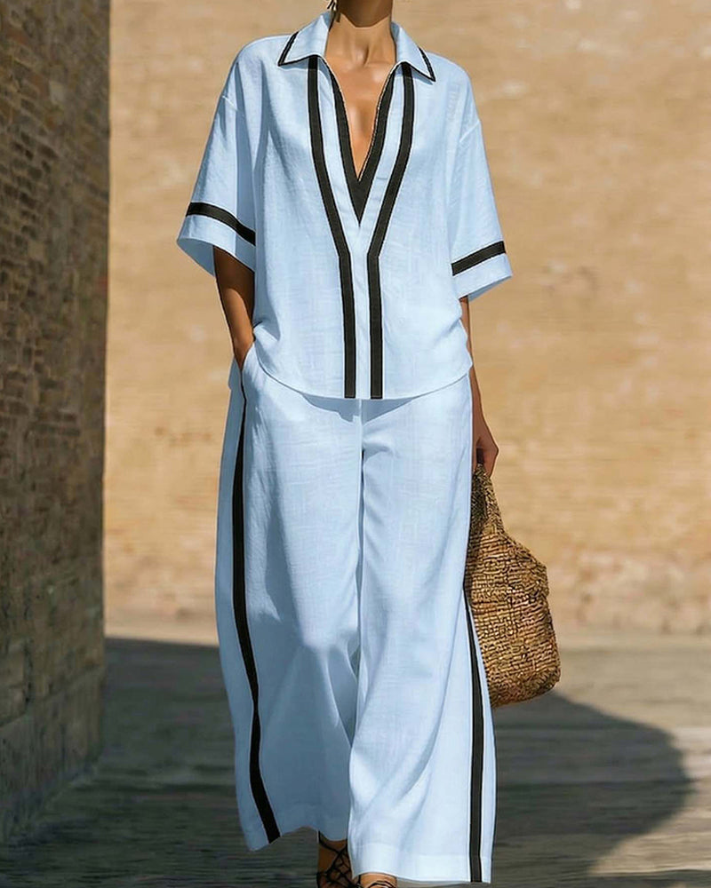 Ensemble Chemise Et Pantalon Large Coupe Ample Contraste De Couleurs