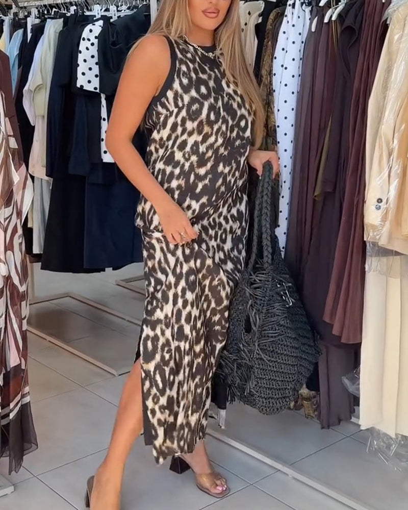 Robe Col Rond Léopard Sans Manches Maxi