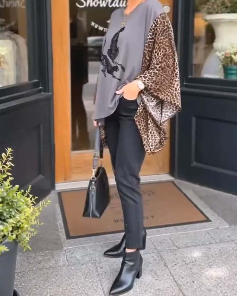 Haut Guépard Imprimé Patchwork-Manche