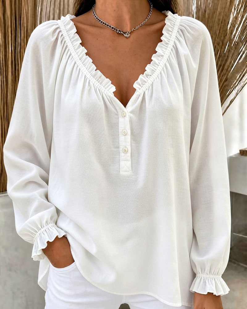 Blouse Volant Bord Manches Longues Col En V