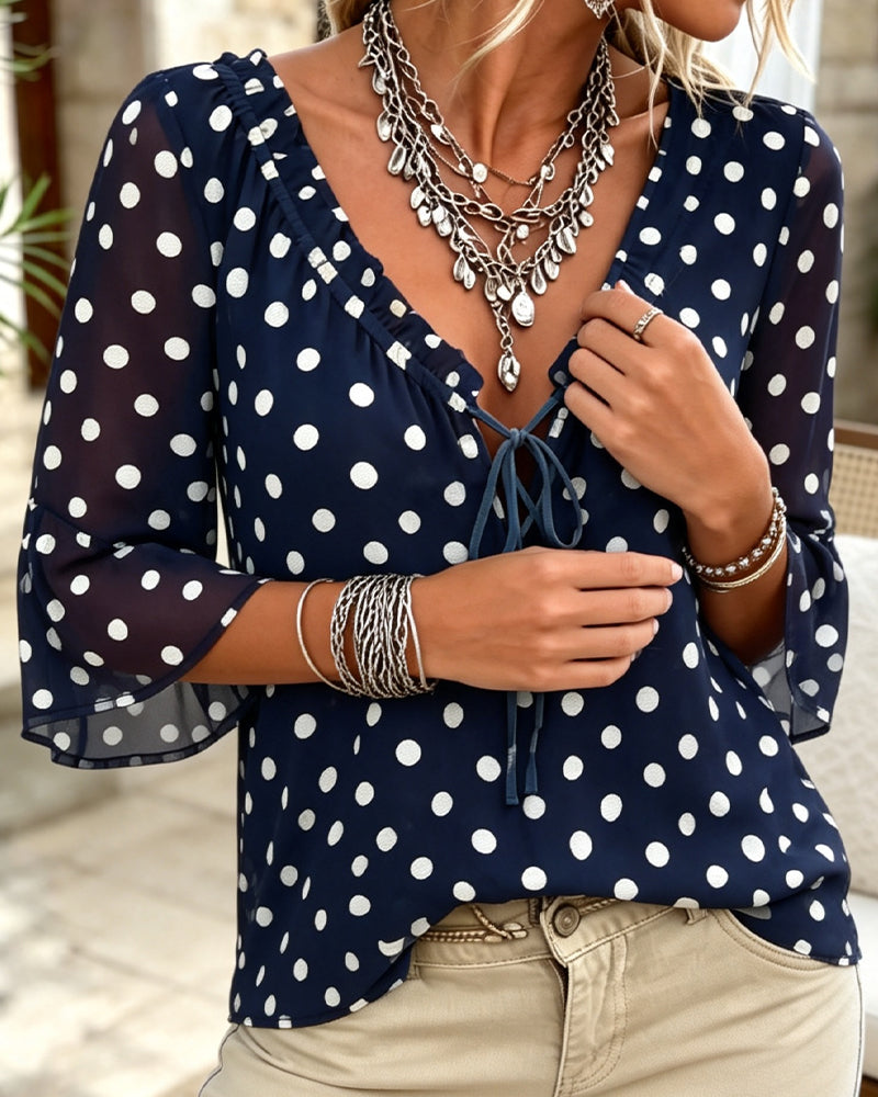 Blouse À Pois Col En V Attacher Décontractée