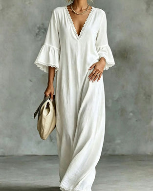 Robe Col V Dentelle Patchwork Volant Jupe Ample