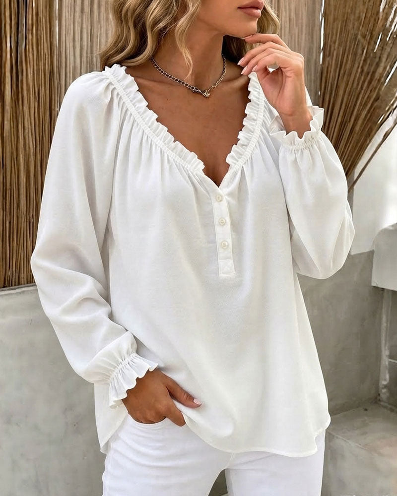 Blouse Volant Bord Manches Longues Col En V
