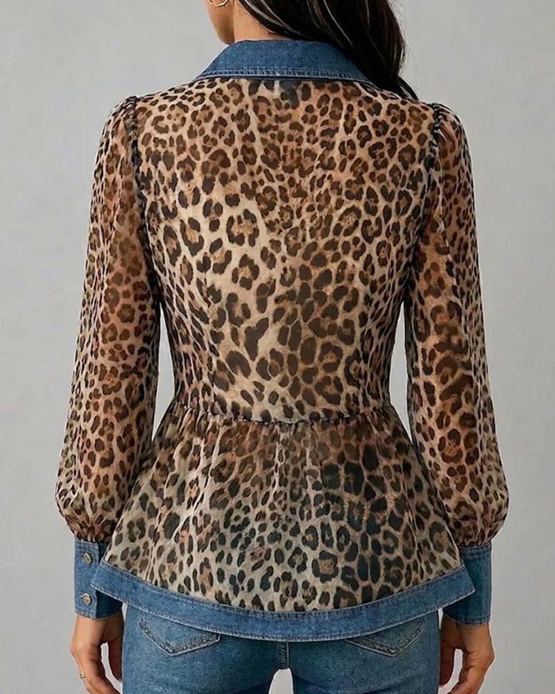 Blouse Denim Léopard Patchwork Cintré