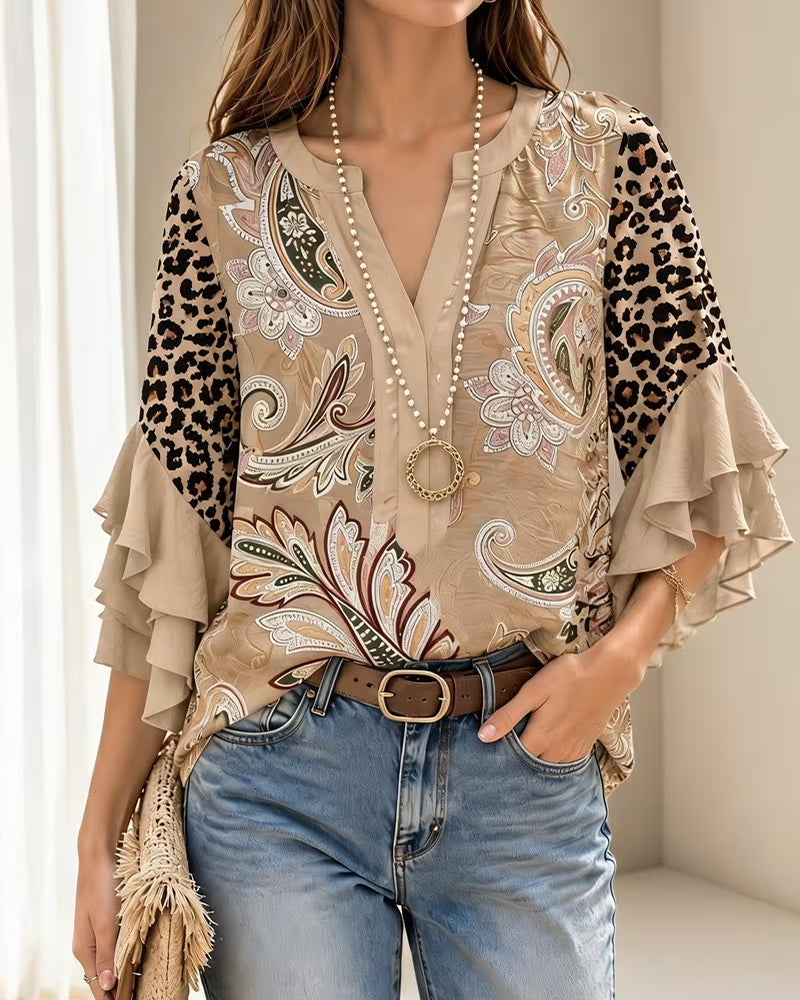 Blouse Léopard Imprimé Panneau Volant Manche