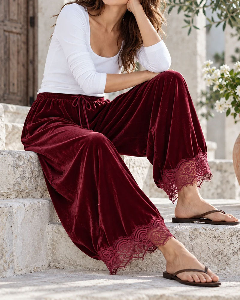 Pantalon Taille Élastique Dentelle Couture Jambe Large