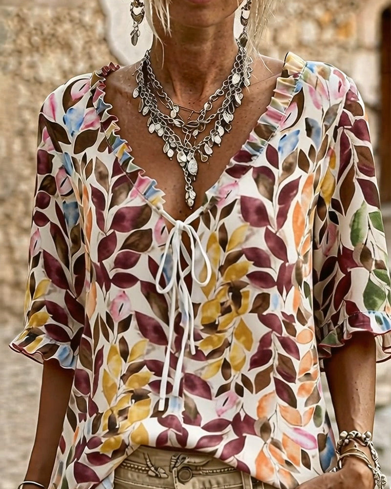 Blouse Décontractée Imprimée À Manches À Volants