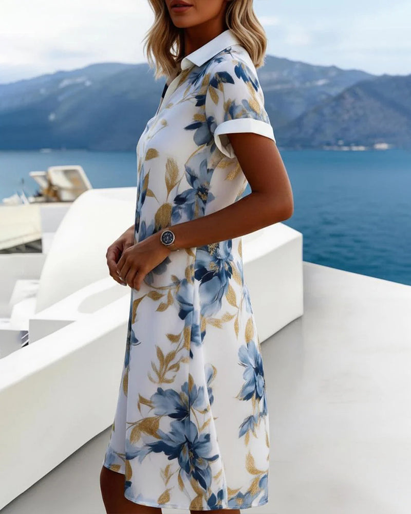 Robe Revers Manche Courte Florale Chemise