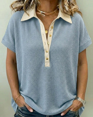 T-Shirt Bouton Devant Gaufré Décontracté