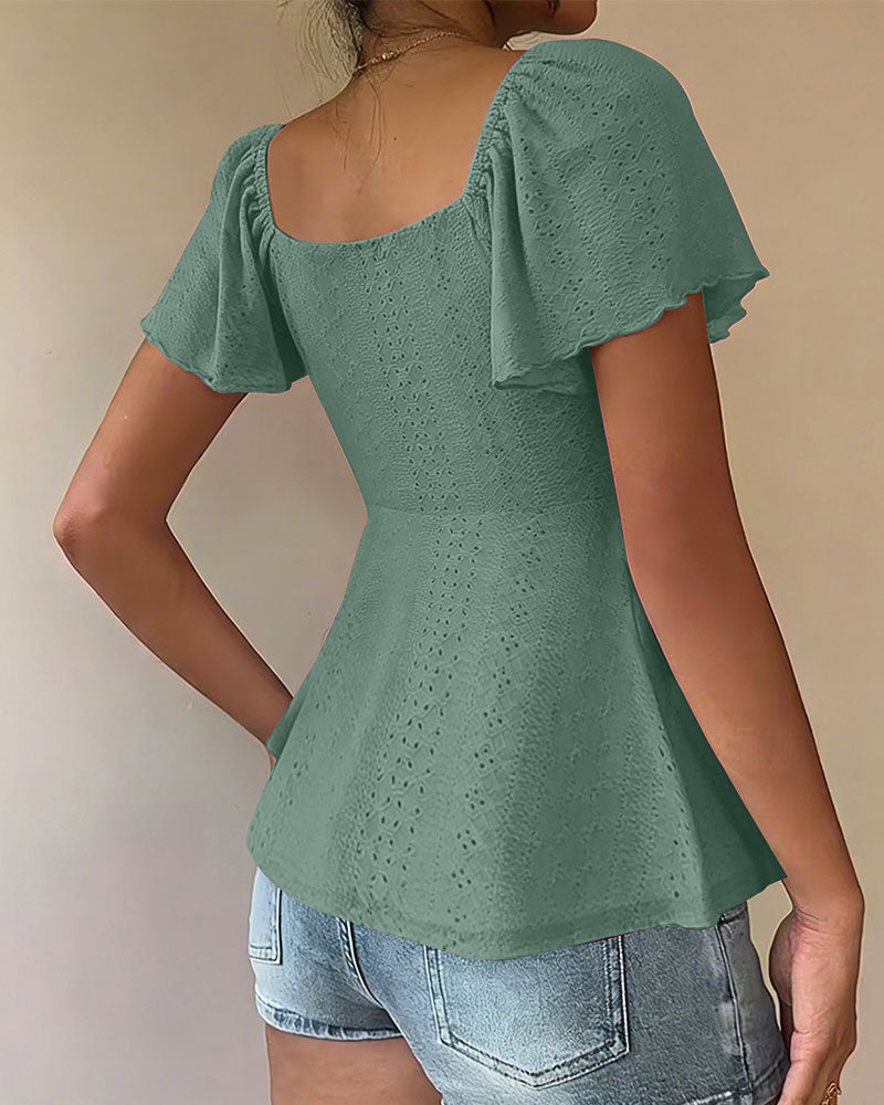 Blouse Ajourée Cordon Manches Courtes Unie