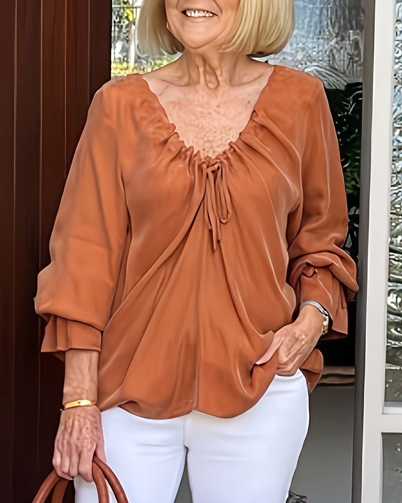 Blouse Col V Froncée Attache Décontractée