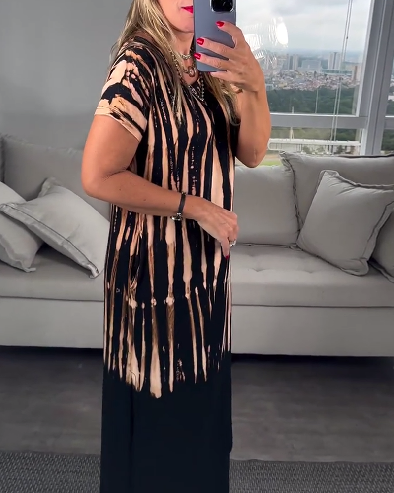 Robe décontractée à manches courtes fendue col rond imprimée